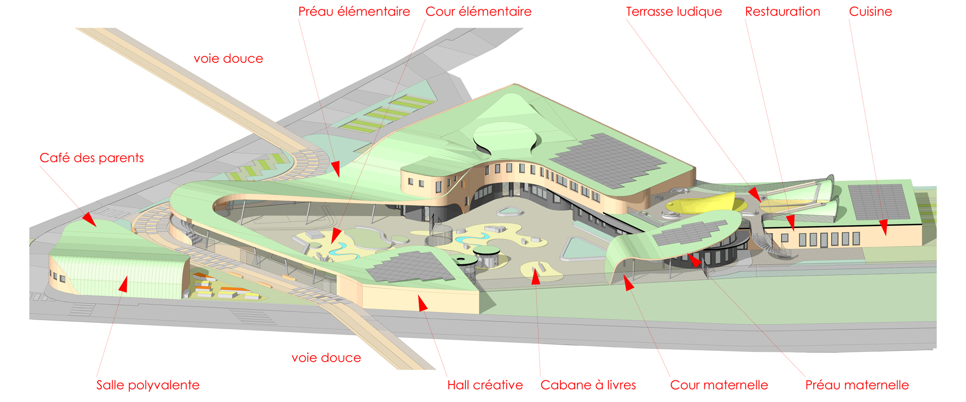 Axonométrie générale Sud Est sans végétaux groupe scolaire Joly Jean Avignon