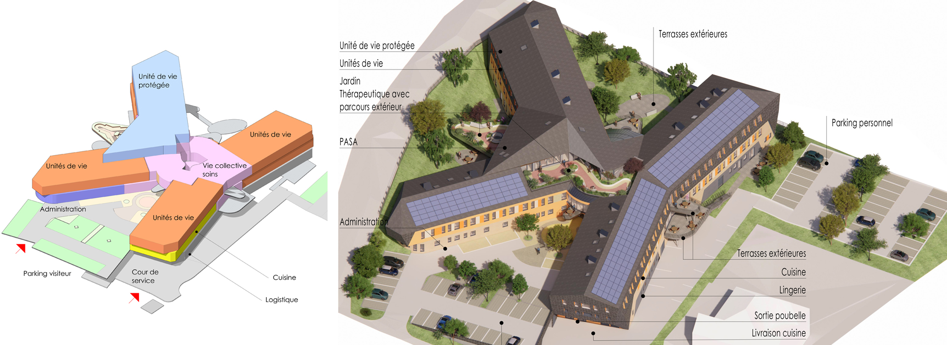 Ehpad à Schirmeck vue axonométrique passif architecte Strasbourg matériaux biosourcés